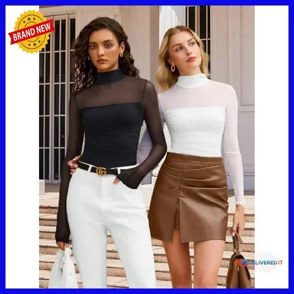 Long Sleeve Bodysuit Shapewear Mesh Turtleneck Going Out Top - Picture 6 of 8